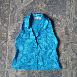 VICTORIA SECRET Women's S Vintage Gold Label  Blue Shiny Satin Floral Vest Y2K